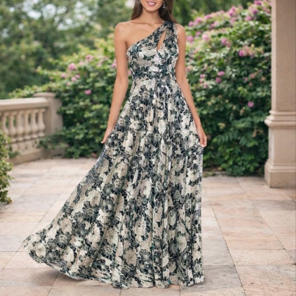 Betsy & Adam Dresses & Skirts - Betsy & Adam One-Shoulder Gold & Black Gown Dress Green Metallic Sheen Size 10